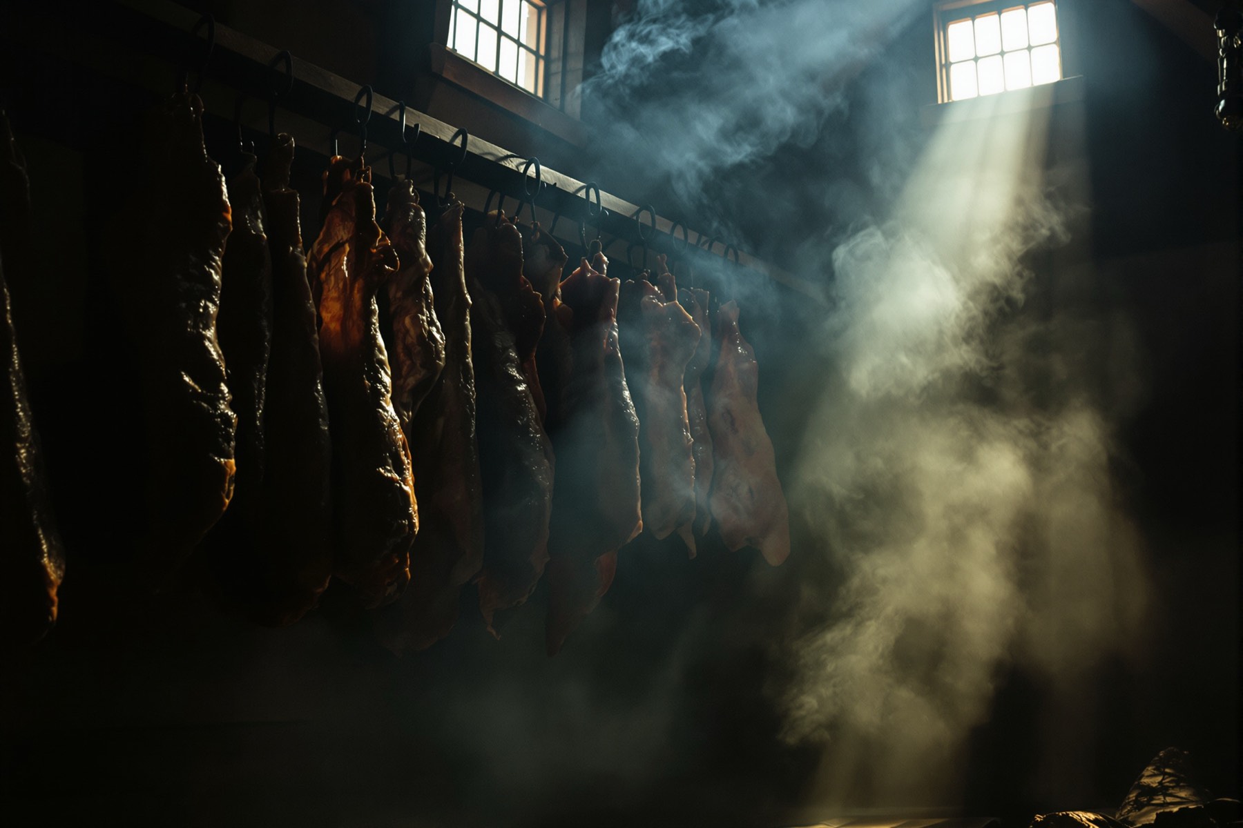 Cured meats hanging from iron hooks inside a hazy wooden smokehouse, lit by one shaft of amber light.